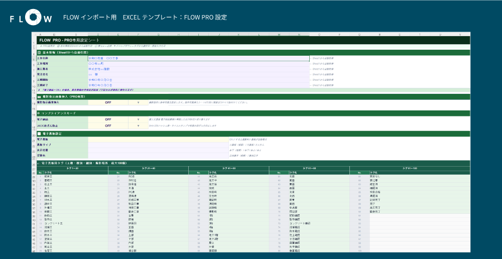 Excelテンプレート記入例：FLOW PRO設定シート